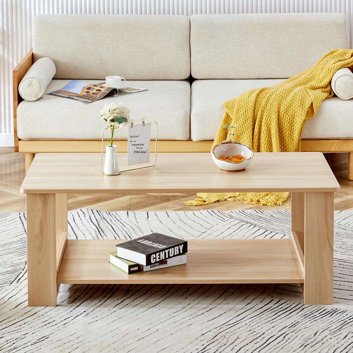 ZYLTHORN Coffee Tables for Living Room Small Coffee Tables for Small Spaces Wooden Coffee Table 2-Tier Coffee Table with Storage Double Layered (Natural Wood, 21.6"*43.3"*16.5")