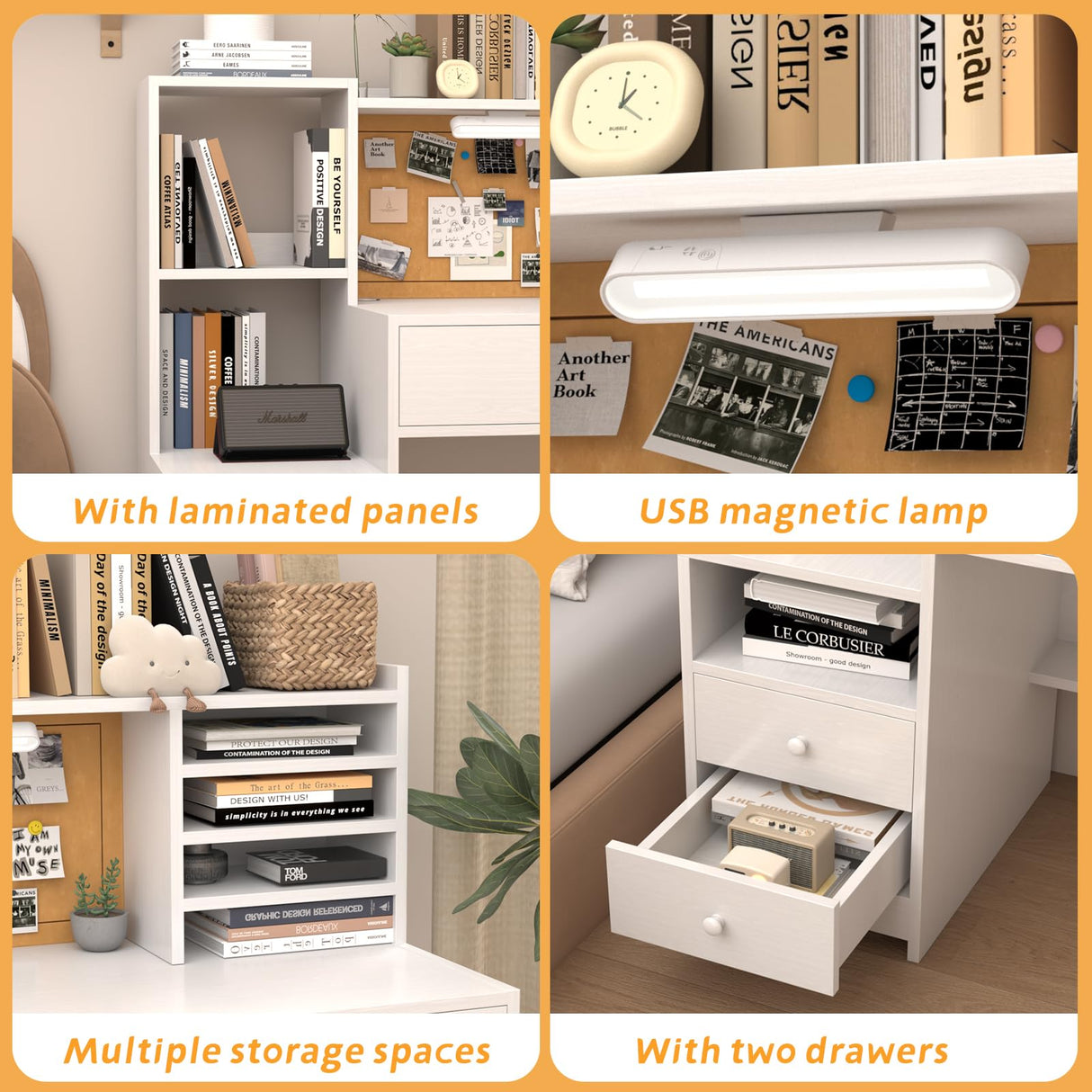 RUPOLX White Kids Desk and Chair Set for 5-12 Year Old,Kids Study with 3-Color Lights,Childrens Computer Desk with 4 Drawers, Kids Study Table with Storage Shelf -D-40 RUPOLX