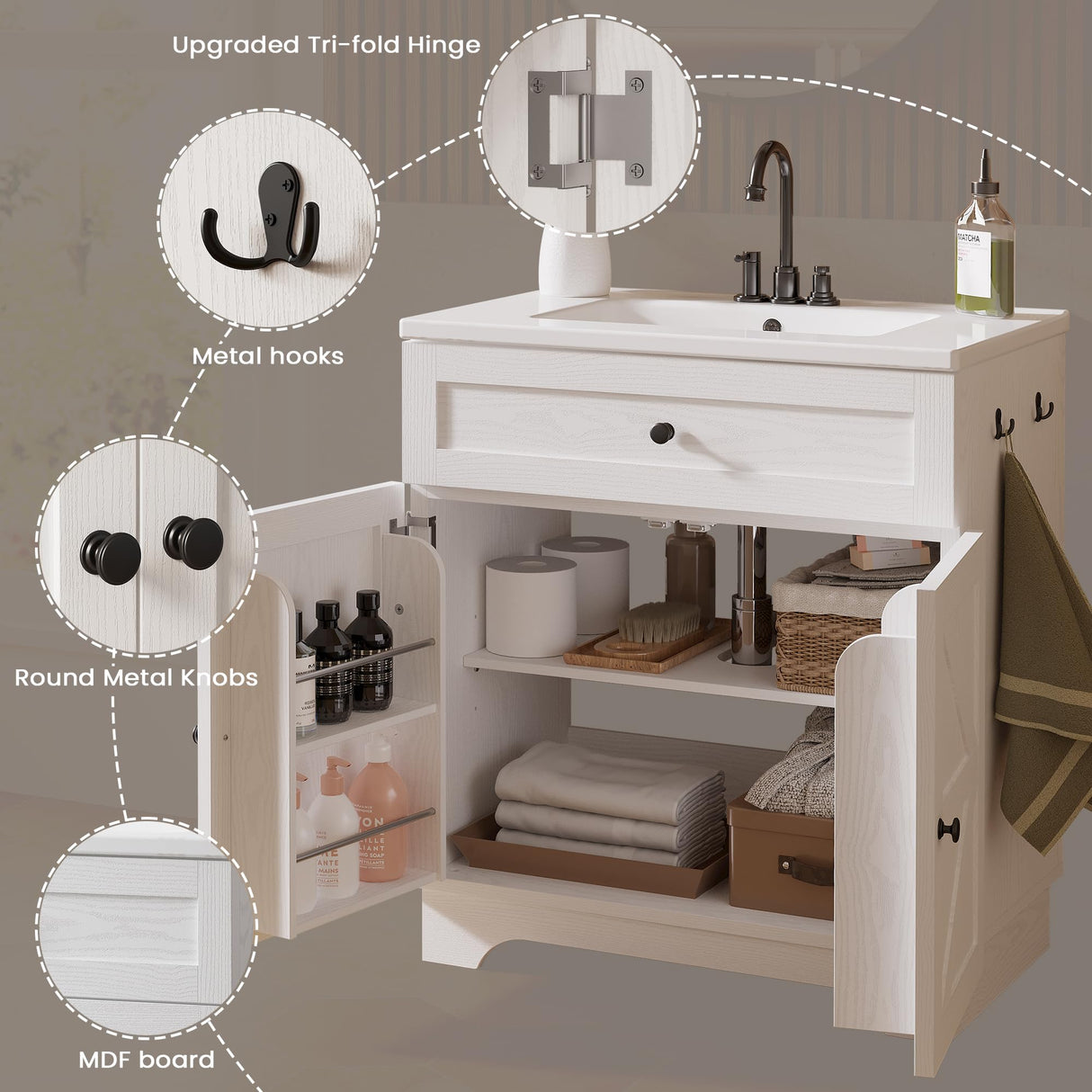30 Inch Bathroom Vanity with Sink - Farmhouse Single Sink Cabinet, Adjustable Shelves & Ceramic Basin, Bathroom Sink Cabinet for Guest Baths Master Suites or Rental Units (White) ModernMate