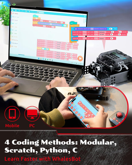WhalesBot Rocky Coding & Remote Control Robot Kit for Kids 8-16, Modular/Scratch/Python/C Programming, Educational Engineering Science Toy Set with Multiple Sensors and Smart Controller WhalesBot