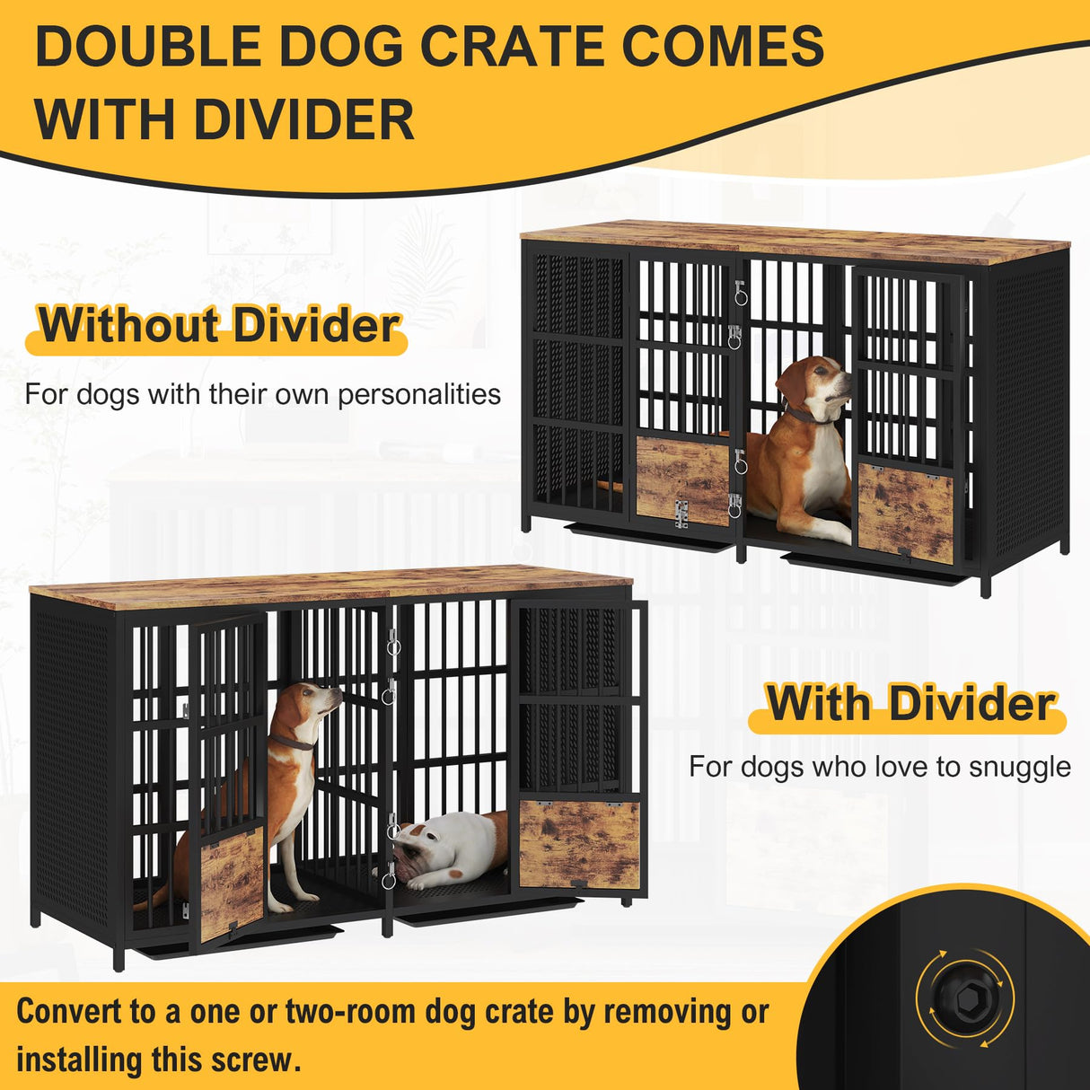 BOINN Large Dog Crate Furniture, 63 inch Heavy Duty Double Dog Crate with Divider, Extra Large Dog Kennel Furniture with Removable Trays for Medium Large Dogs BOINN