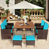 RELAX4LIFE 9-Piece Outdoor Dining Set - Patio Wicker Furniture Set w/Acacia Wood Tabletop, Soft Seat & Back Cushions, Dining Table & Chair Set for Backyard, Poolside (Turquoise) RELAX4LIFE