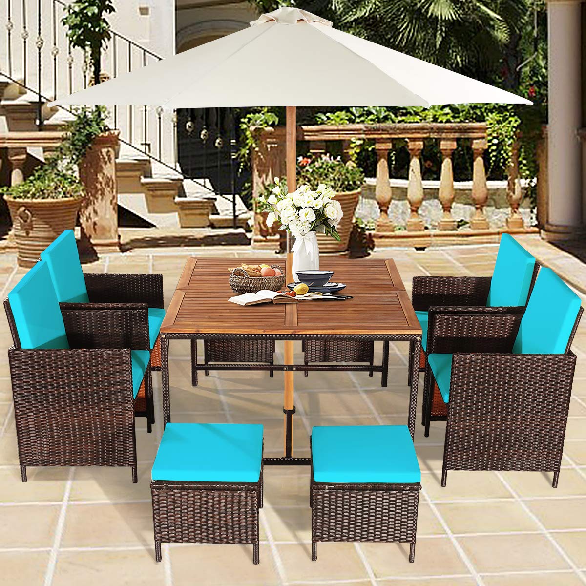 RELAX4LIFE 9-Piece Outdoor Dining Set - Patio Wicker Furniture Set w/Acacia Wood Tabletop, Soft Seat & Back Cushions, Dining Table & Chair Set for Backyard, Poolside (Turquoise) - WoodArtSupply