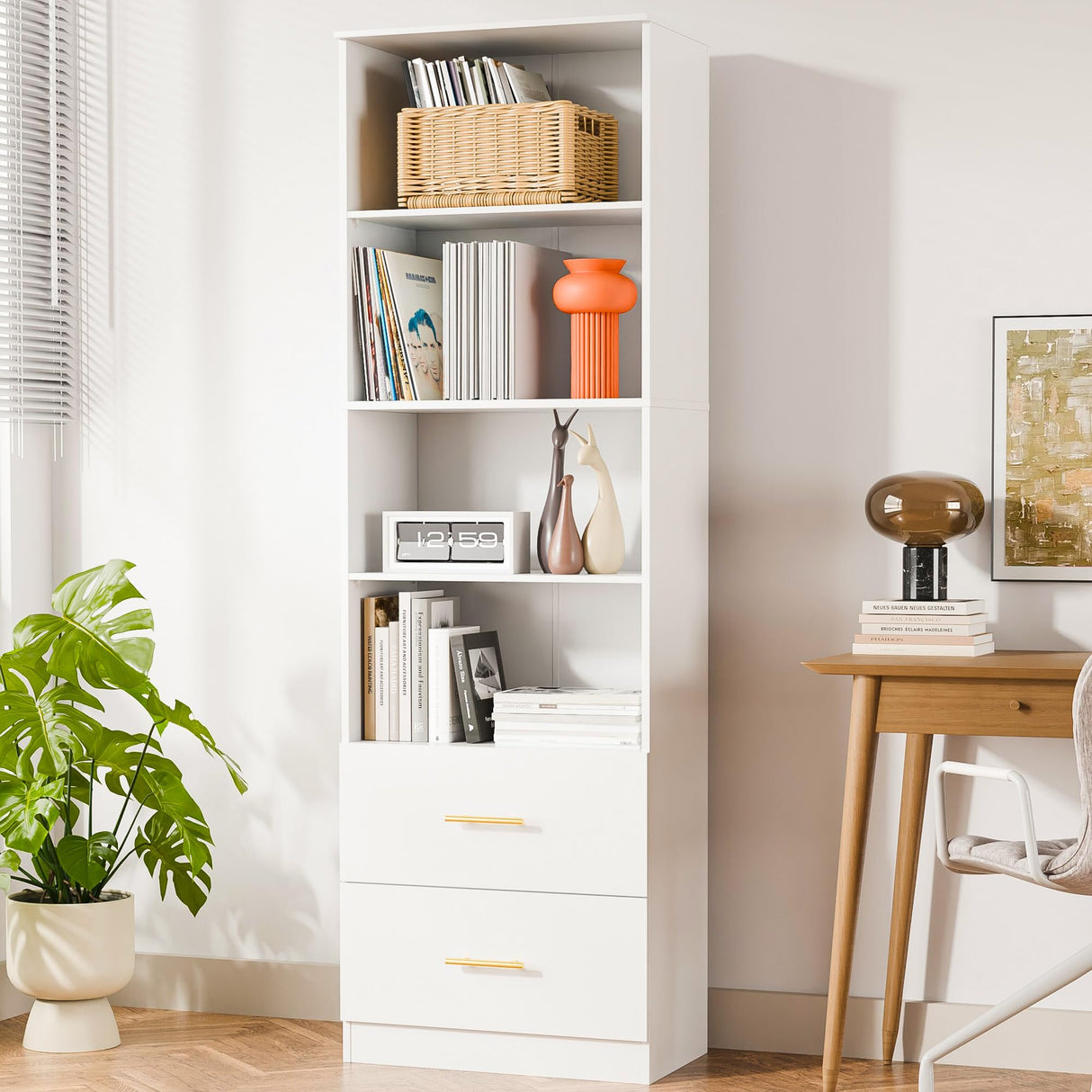 Cozy Castle 74.1'' Bookshelf,Tall Bookcase with Drawers, 4-Tier Open Bookshelf with Adjustable Storage Shelves,23.6 Inches Wide Floor Standing Bookcase for Home Office,Bedroom,Living Room,White Cozy Castle