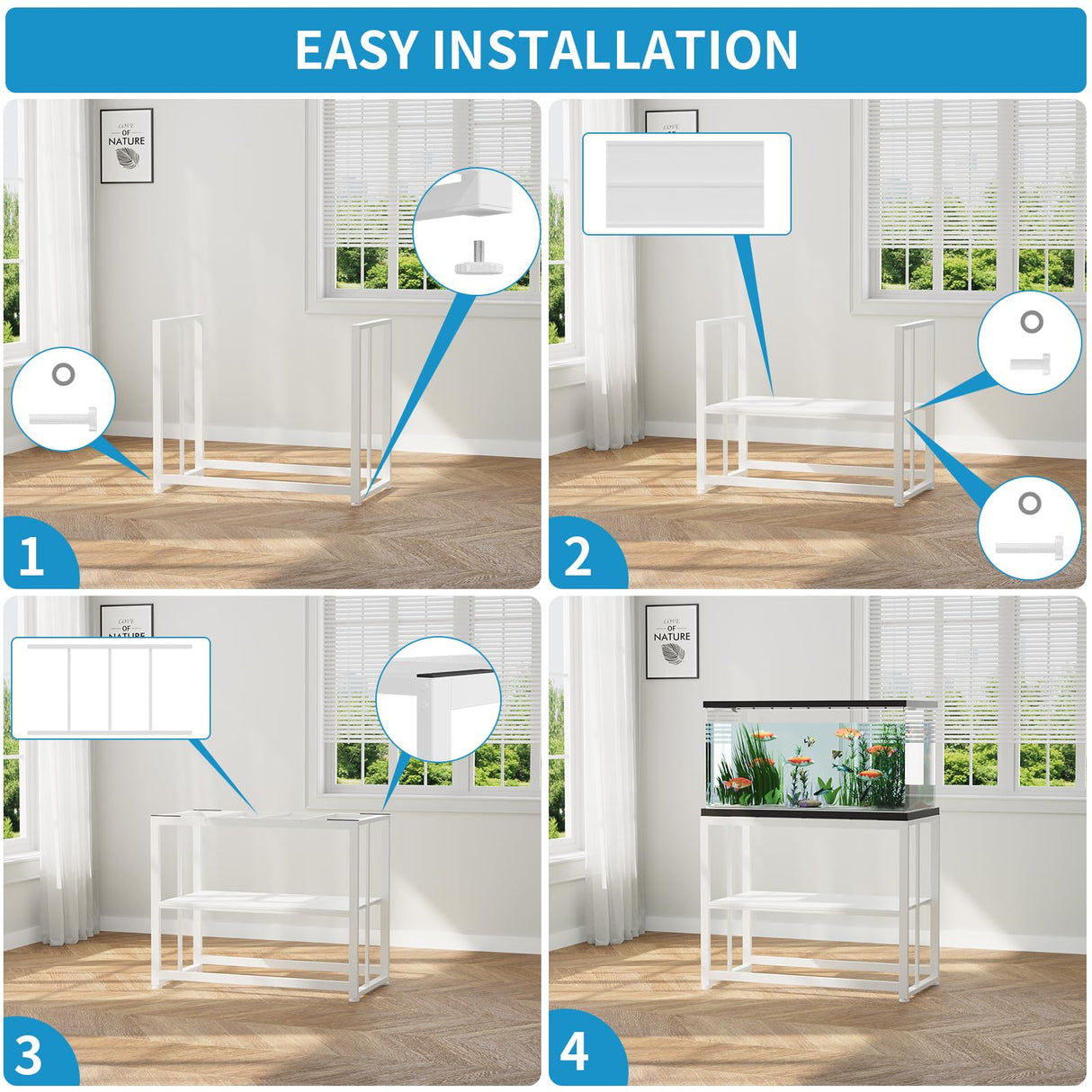 VOWNER 40-50 Gallon Fish Tank Stand - Metal Aquarium Stand, 36.6" x 18.5" x 29.5" Heavy Duty Reptile Tank Stand, Adjustable 2-Tier Fish Tank Rack Shelf for Home Office, Tank not Included, White VOWNER