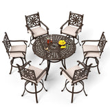PHI VILLA 7 PCS High Bar Patio Dining Set, Cast Aluminum Outdoor Bar Set for 6 with 54" Round Bar Table and 6 Outdoor Swivel Bar Stool Chairs with Seat Cushion PHI VILLA
