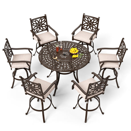 PHI VILLA 7 PCS High Bar Patio Dining Set, Cast Aluminum Outdoor Bar Set for 6 with 54" Round Bar Table and 6 Outdoor Swivel Bar Stool Chairs with Seat Cushion PHI VILLA