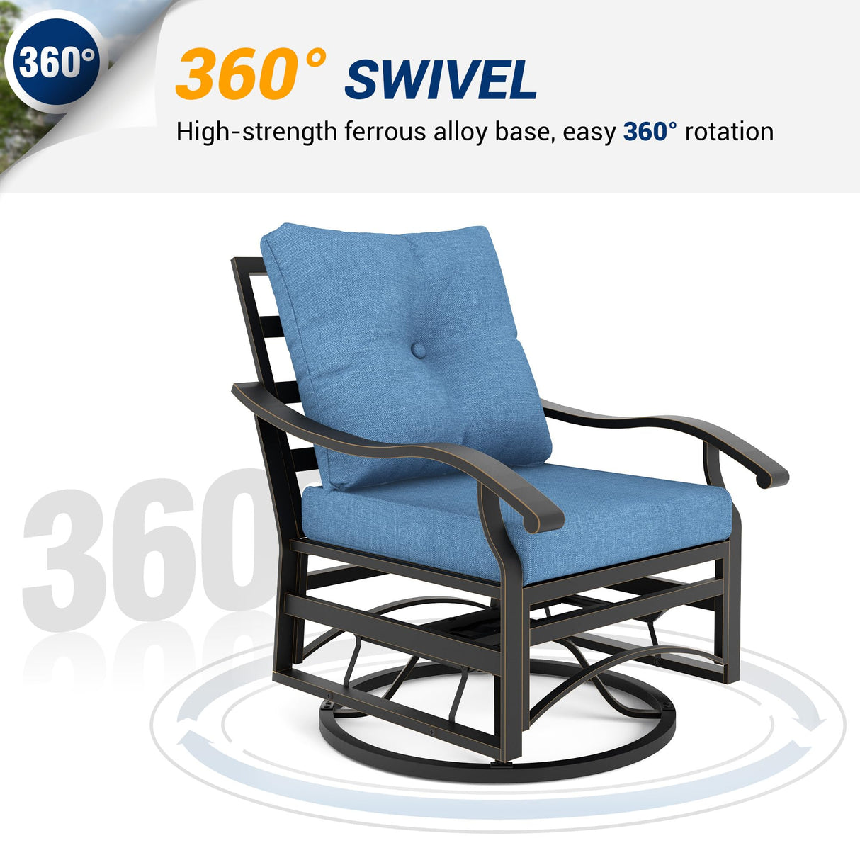 UDPATIO Outdoor Swivel Rocker Chairs, 3 Piece Metal Patio Rocking Chairs with Blue Padded Cushions Patio Bistro Furniture Set with Side Table for Porch Balcony Backyard, Blue UDPATIO