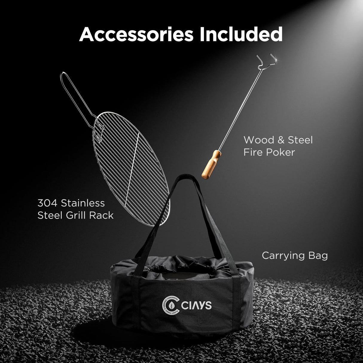 CIAYS Smokeless Firepit, 19 Inch Fire Pit for Camping with Patented Technology, Portable Fire Pit for Outside with Steel Grill Rack, Fire Poker, and Bag, Easy Setup and Storage, Wood Burning Ciays