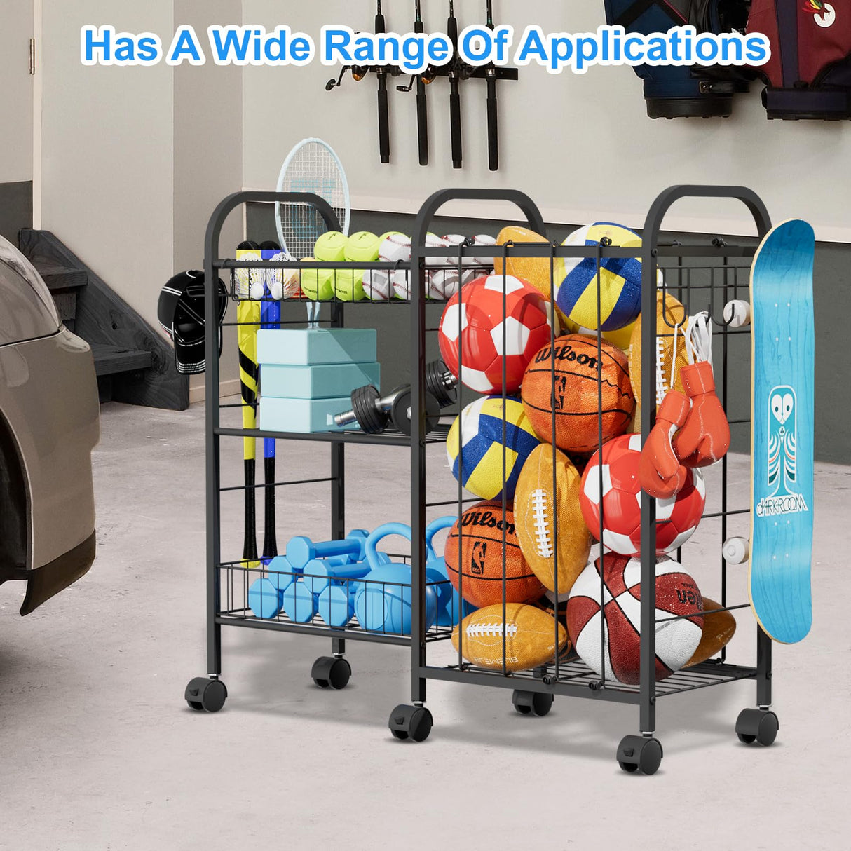 NEYCIL Ball Storage Rack, Sports Ball Storage Cart with 6 Wheels, Elastic Strap, Removable Basket, Hooks, Sports Equipment Organizer For Garage, Children's Room, Court, School, Small Gym, Outdoor NEYCIL
