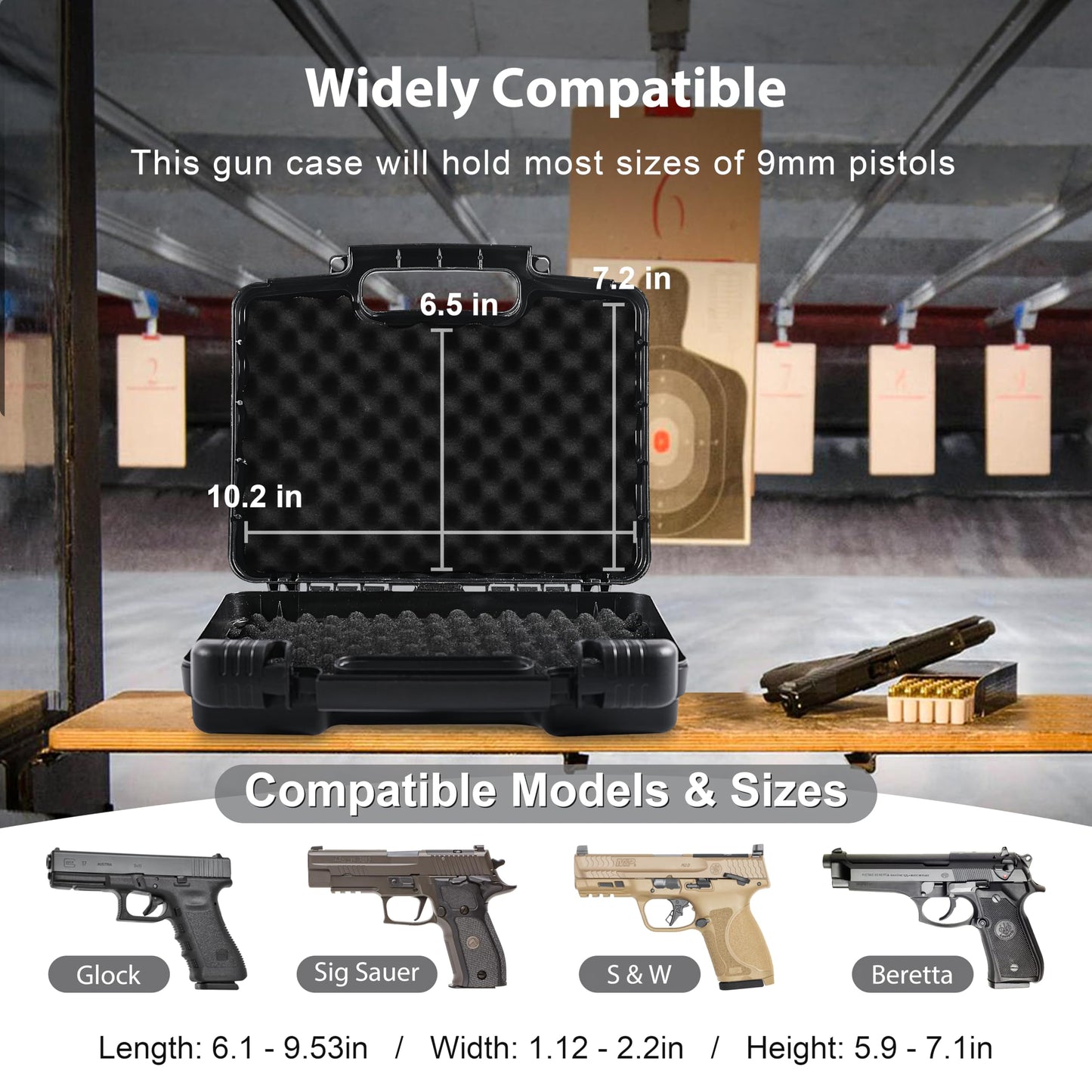 Kinghardcase 9mm Gun Case Lockable, TSA Approved Firearm Travel Case with 1 TSA Lock, Pistol Case Hard Shell, Gun Safe for Handgun, Pistol, Revolver - Shockproof Gun Storage 10.3 x 8.8 x 3 inch