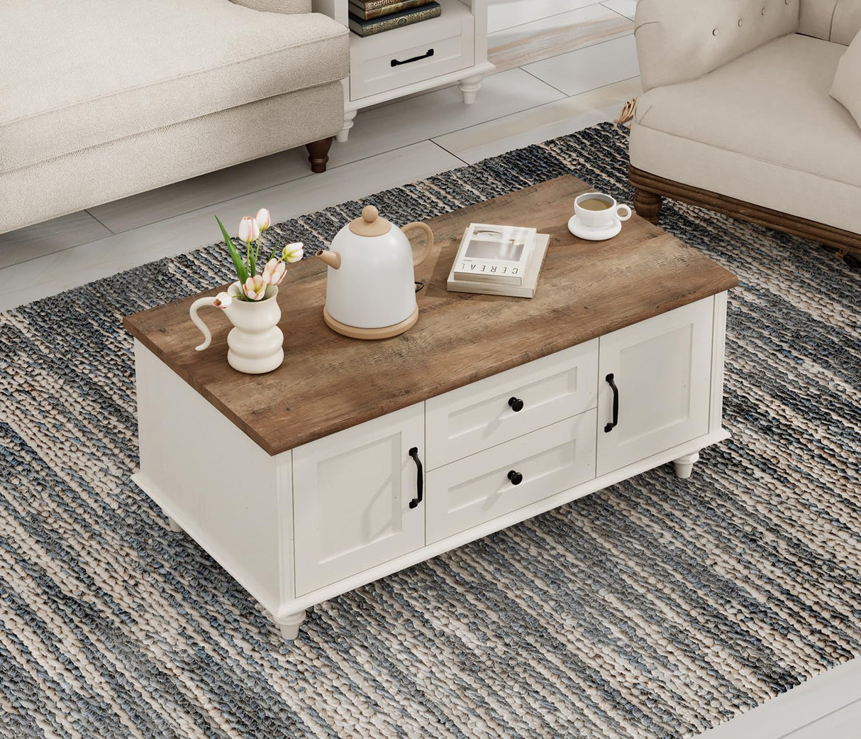 WAMPAT White Coffee Table with Drawers & Storage Cabinet, Modern Rectangle Center Table for Living Room, Rustic Wooden Cocktail Table Tea Table for Home, Office WAMPAT