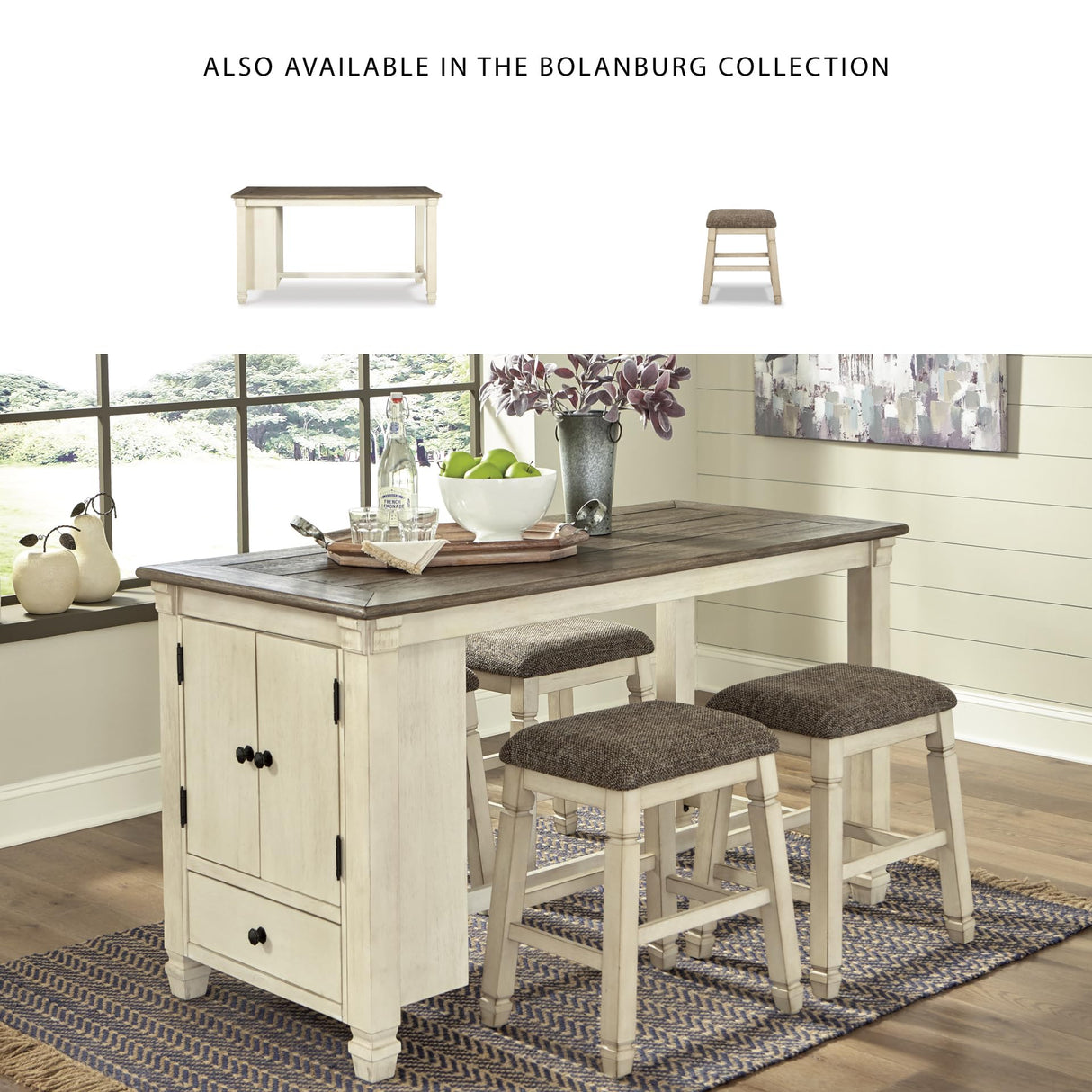 Signature Design by Ashley Bolanburg Farmhouse 24" Counter Height Upholstered Barstool, 2 Count, Whitewash Signature Design by Ashley