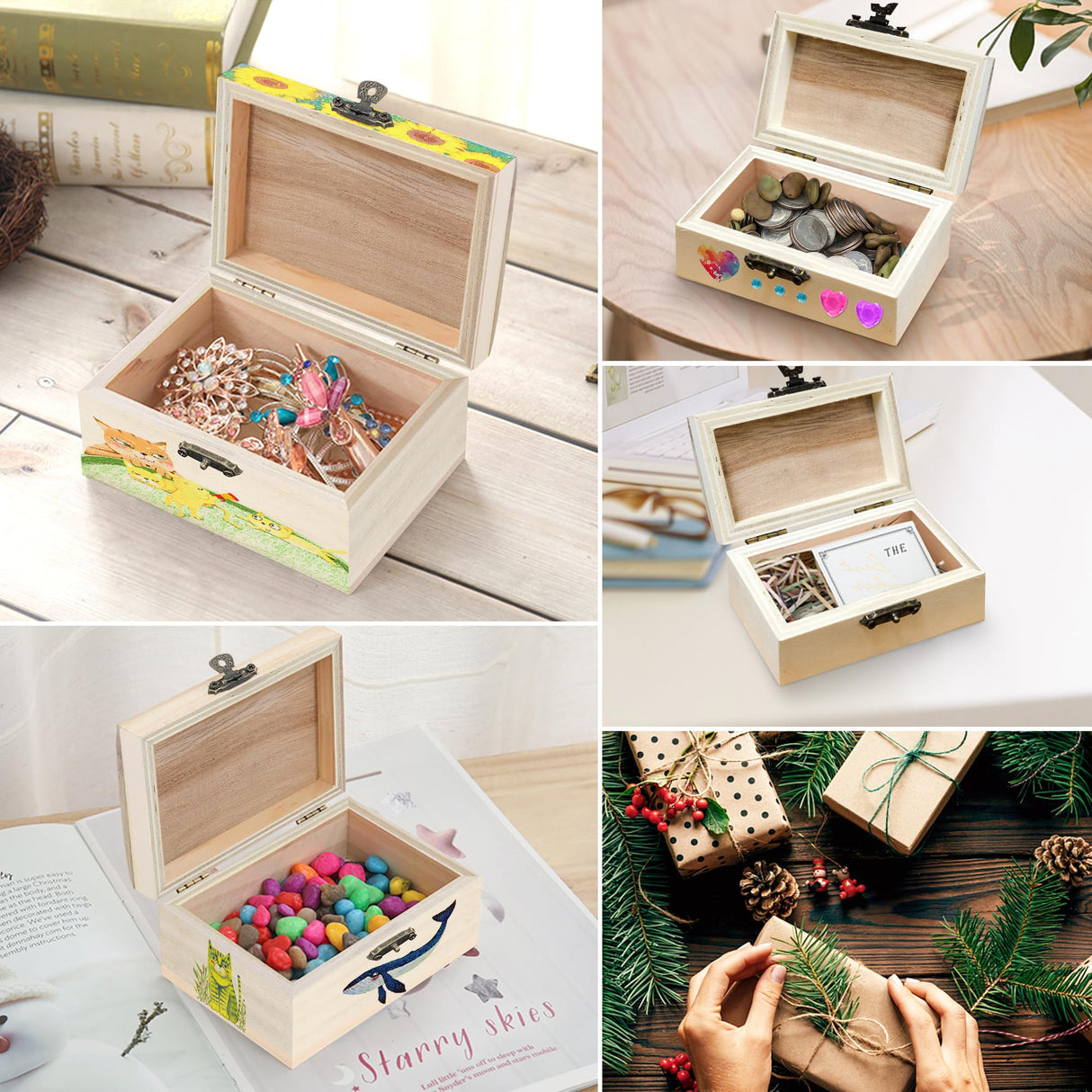 MicoSim 12 PCS Wooden Box,Treasure Chest with 12 Color Paints,12 PCS Unfinished Unpainted Wood Box with 2 Diy Adhesive Drilles,Small Wooden Box for Keepsake Boxes, Jewelry Box MicoSim