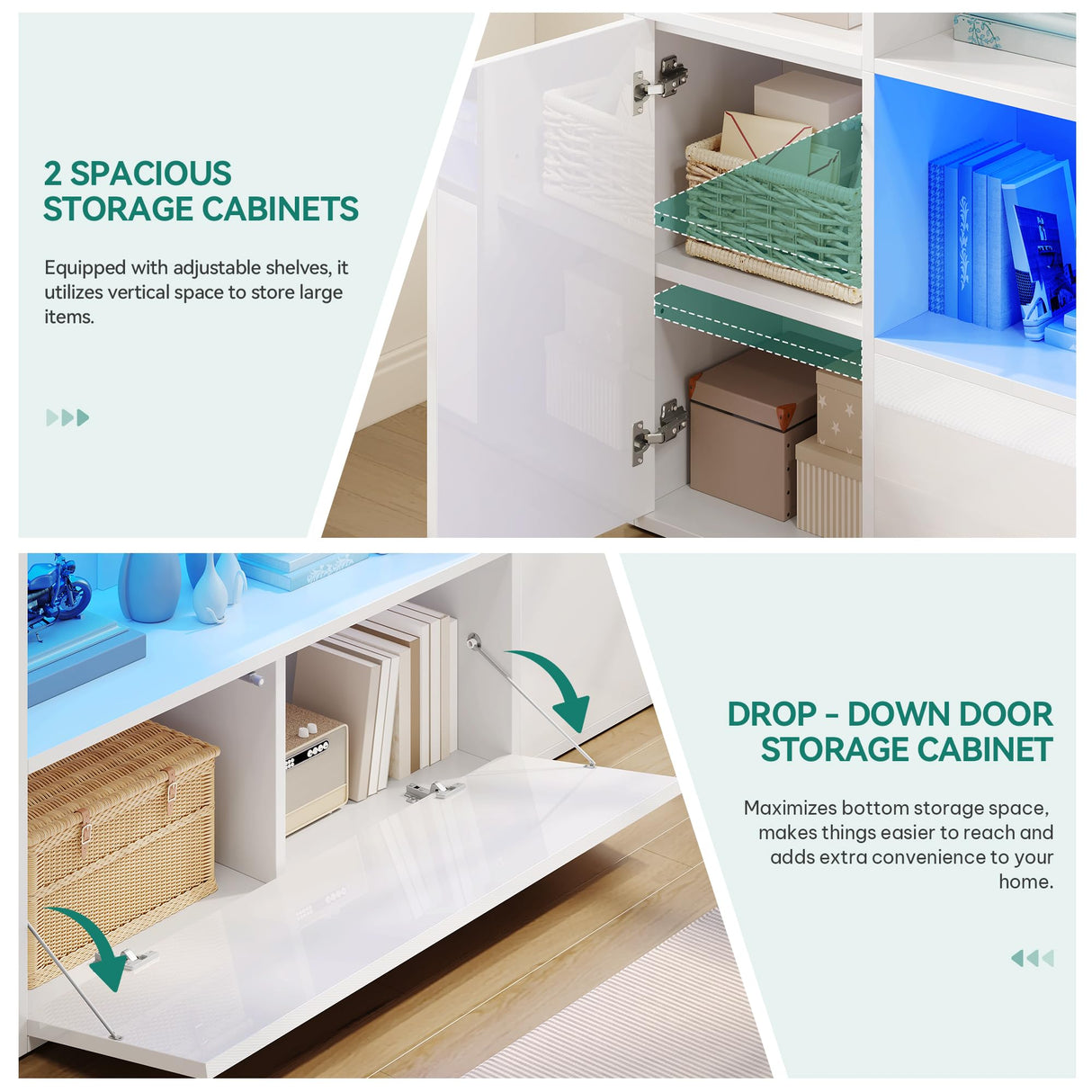 YITAHOME Castle Bookcase with Storage & Adjustable LED Lights, U-Shaped White Bookshelf with Cabinet, UV High-Gloss Display Unit, Cube Organizer for Living Room, Home Office and Bedroom YITAHOME