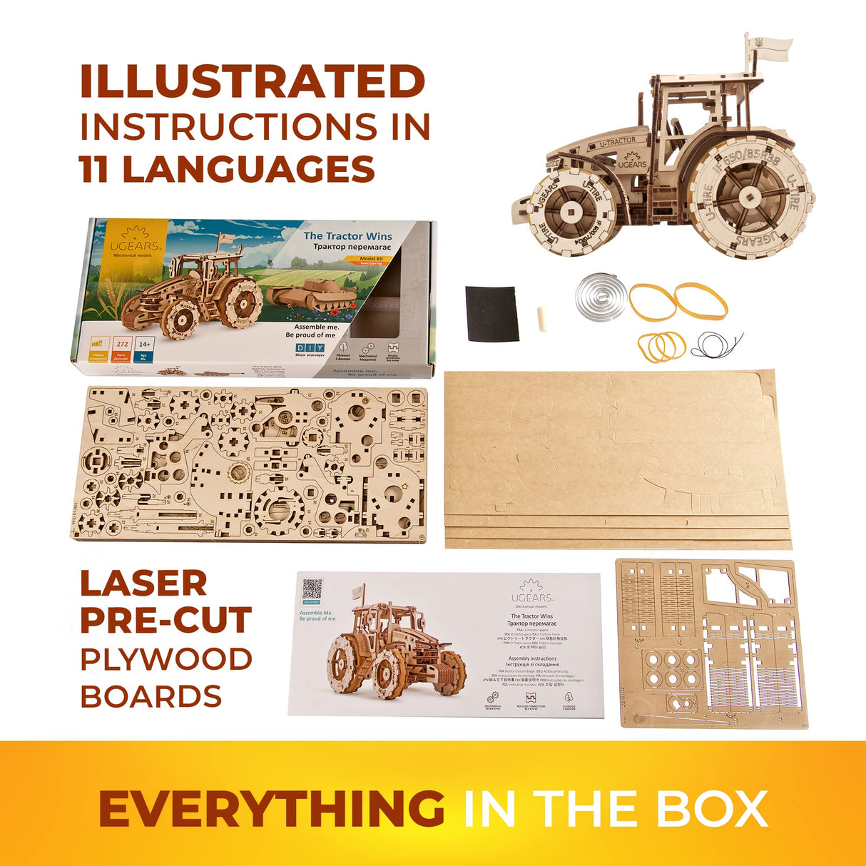 UGEARS The Tractor Wins Model Kits - Spring - Driven Model Tractor Kits to Build with Folding Paper Tank - 3D Wooden Tractor Model Kit for Self - Assembly - Mechanical 3D Puzzles for Adults and Kids UGEARS