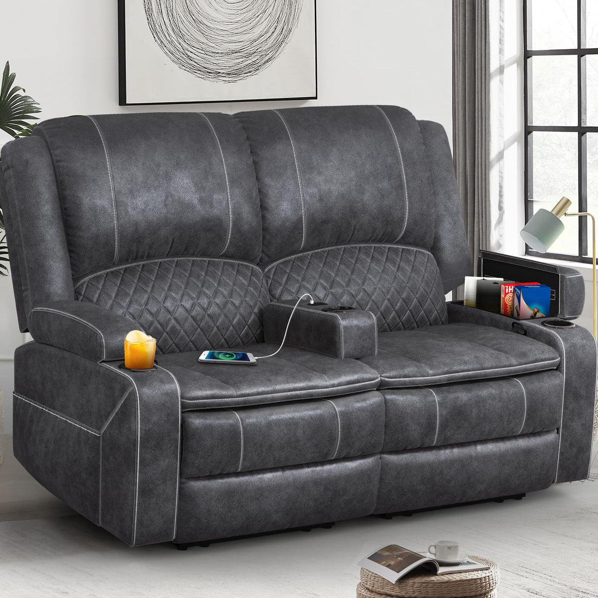 Yolsali Loveseat Recliner Sofa, Manual Reclining Loveseat with Removable Armrest, Dutch Velvet Recliner Loveseat for Adults with 2-Tier Cushions, USB Charging Ports, Cup Holders - Grey Yolsali