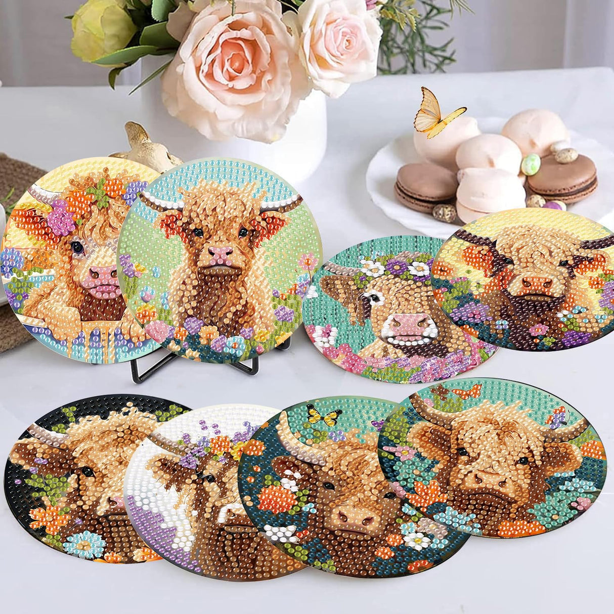 8 Pack Diamond Art Coasters Kits - Highland Cow Diamond Painting Coasters Kit Set with Holder Cork Pads, DIY Cow Diamonds Art Non Slip Coaster Crafts Kits for Adults Beginners Gifts mrpwnle