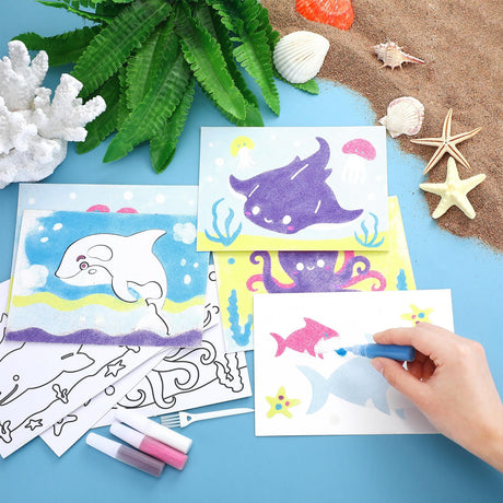 VercanMonth 30 Sets Ocean Animal Sand Art Kits for Kids DIY Craft Sand Painting Colored Art Painting Cards Set for Children DIY Arts Ocean Theme Educational and Learning Activities VercanMonth