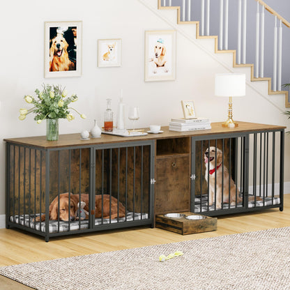 YITAHOME 94.5" Large Dog Crate Furniture with Feeder Bowls, Dog Crate Furniture Large Breed TV Stand with Room Divider and Drawer, Wooden Dog Kennel Furniture for 2 Large/Medium Dogs, Brown - WoodArtSupply