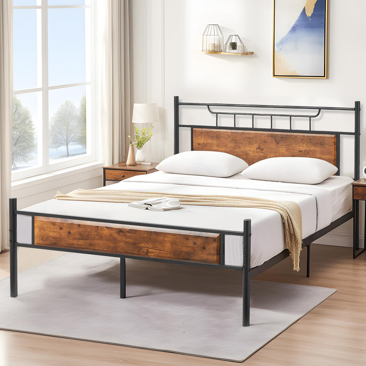 VECELO Rustic Industrial Queen Platform Bed Frame with Wood Headboard - No Box Spring Needed, Brown VECELO
