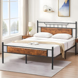 VECELO Rustic Industrial Queen Platform Bed Frame with Wood Headboard - No Box Spring Needed, Brown VECELO