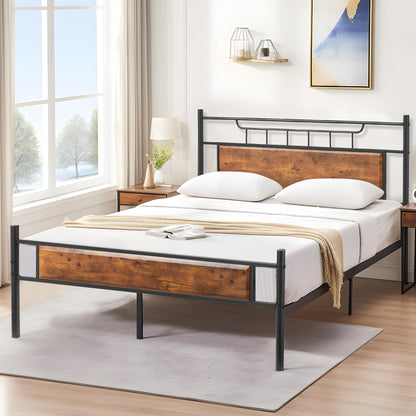 VECELO Rustic Industrial Queen Platform Bed Frame with Wood Headboard - No Box Spring Needed, Brown - WoodArtSupply