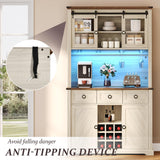 DWVO 72" Farmhouse Bar Cabinet with LED Lights & USB Charging, Wine Glass Holder & 9-Bottle Rack, Coffee Bar Sideboard with Sliding Doors, Off White+Walnut Grain DWVO