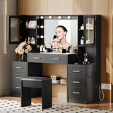 Makeup Vanity Desk with Mirror & Lights, 58.3" Makeup Vanity with Lights & Charging Station, Dressing Table Vanity Set for Bedroom, White Vanity Table with Cushioned Stool, 8 Drawers & 2 Cabinet Black TOKSOM