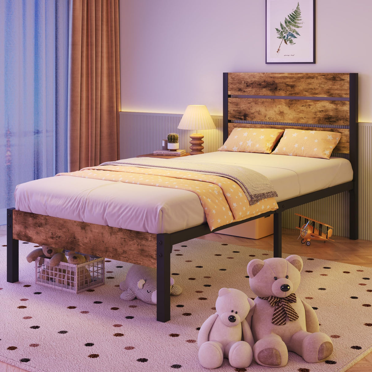 Lifezone Twin Bed Frame with Headboard and Footboard, Metal Twin Bed Frame with Under-Bed Storage, All-Metal Support System, No Box Spring Needed, Easily Assemble, Vintage Brown Lifezone