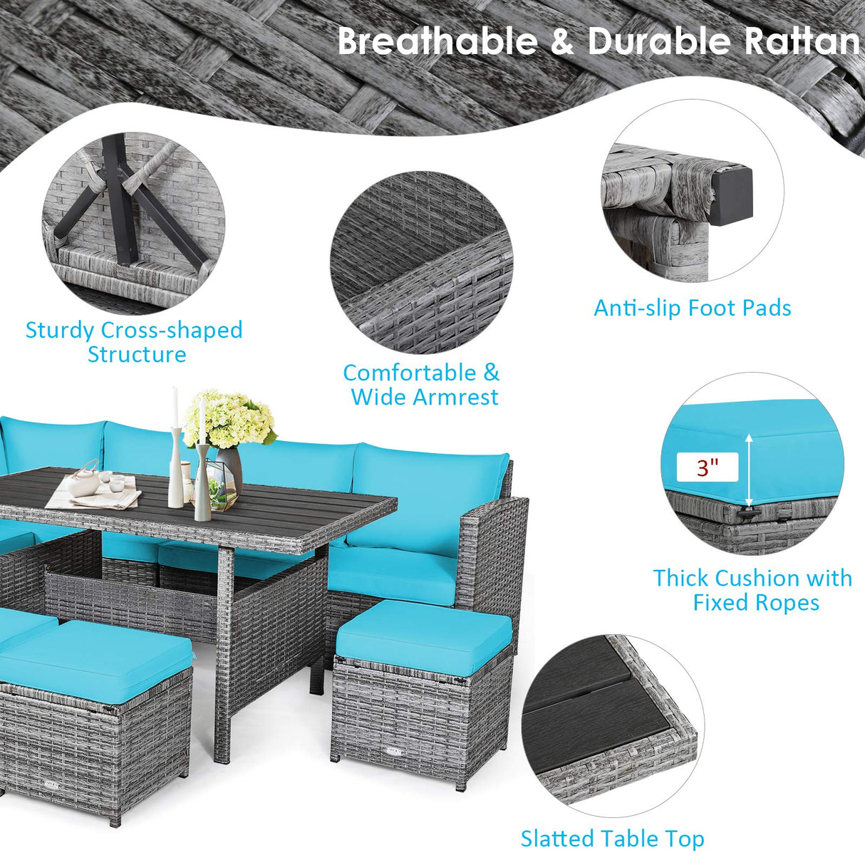 Tangkula 7 Pieces Patio Furniture Set, Outdoor Sectional Rattan Sofa Set with Cushions, All Weather Wicker Conversation Couch Set w/Dining Table & Ottomans for Backyard Garden Poolside (Turquoise) Tangkula