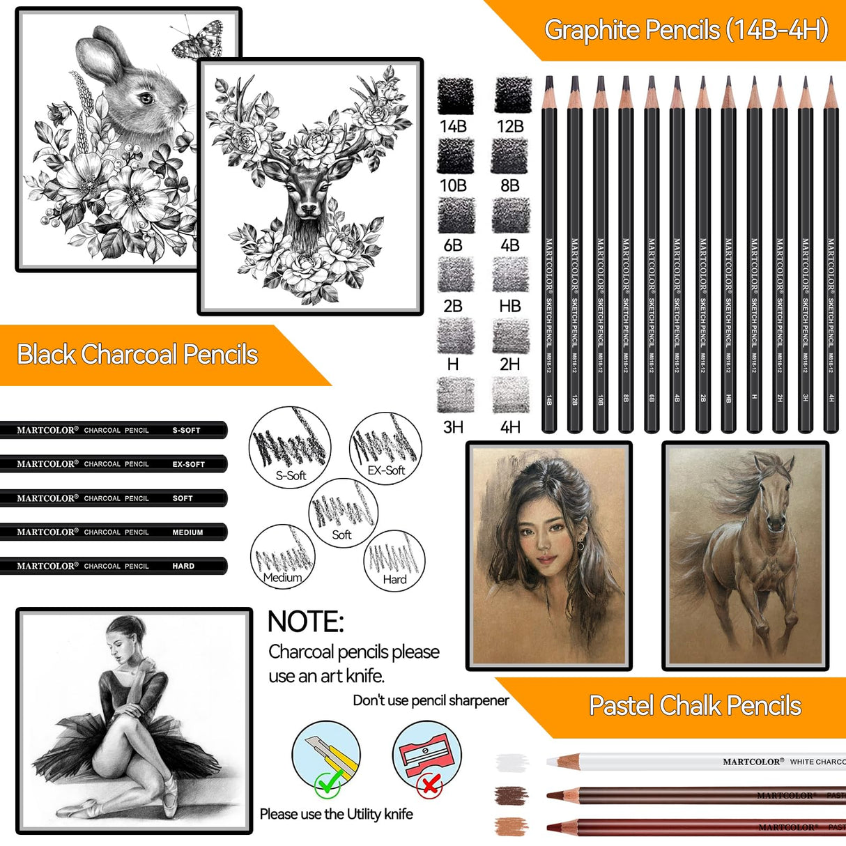 MARTCOLOR Drawing Sketching Pencils Set, 34 Pieces Pro Art Pencil Kit - Graphite Pencils (14B-4H), Charcoal Pencils, Charcoal Sticks, Artist Pencils for Beginners & Pro Artists MARTCOLOR