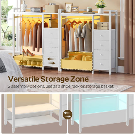 YATINEY Bedroom Dresser with Clothes Rack, 4 Drawer Dresser with Charging Station and LED Light, Chest of Drawers for Bedroom, Closet Organizer with Hanging Rack and 2-Tier Shoe Rack, White YATINEY