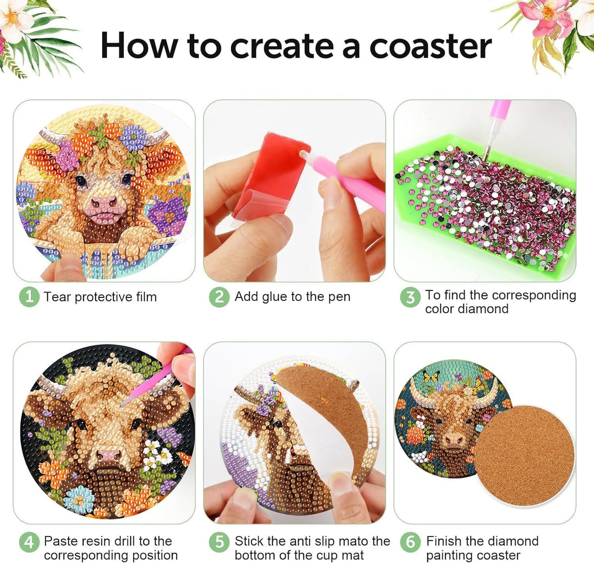 8 Pack Diamond Art Coasters Kits - Highland Cow Diamond Painting Coasters Kit Set with Holder Cork Pads, DIY Cow Diamonds Art Non Slip Coaster Crafts Kits for Adults Beginners Gifts mrpwnle