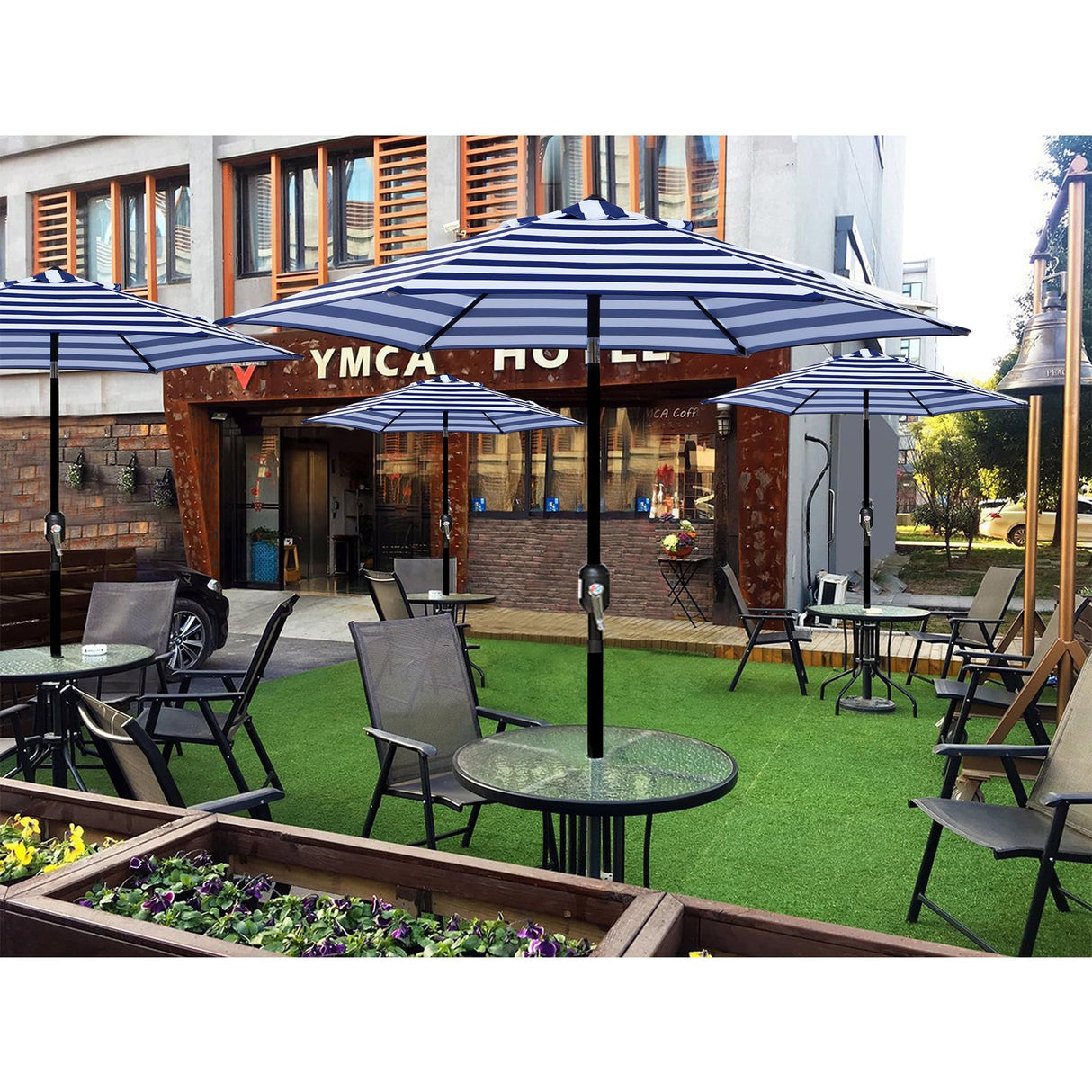 Blissun 7.5 ft Patio Umbrella, Yard Umbrella Push Button Tilt Crank (Blue&White) Blissun