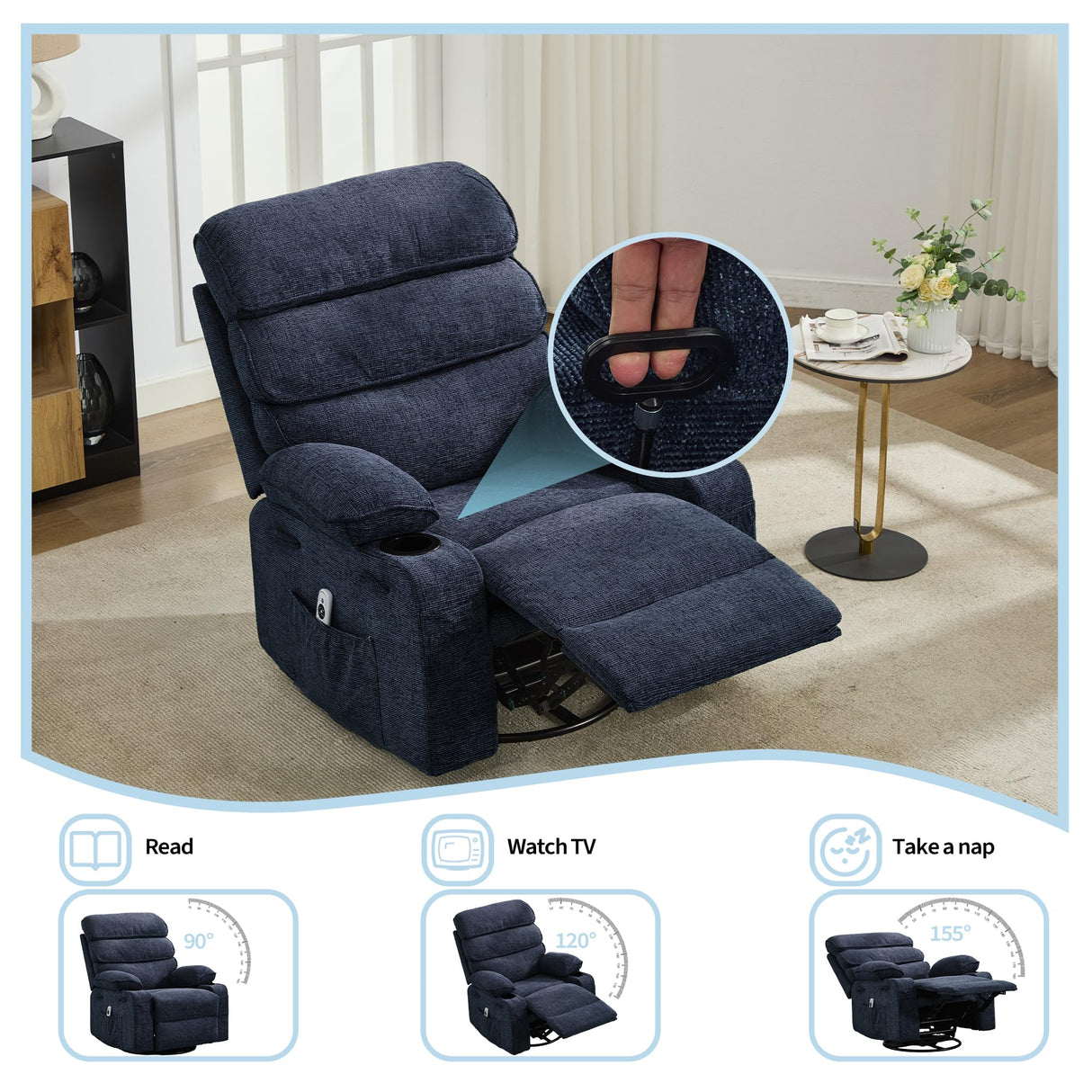 360° Swivel Massage Rocker Recliner with Heat, Linen Glider Chair for Adults, Side Pocket & 2 Cup Holders – Living Room & Bedroom Comfort Tioutbot