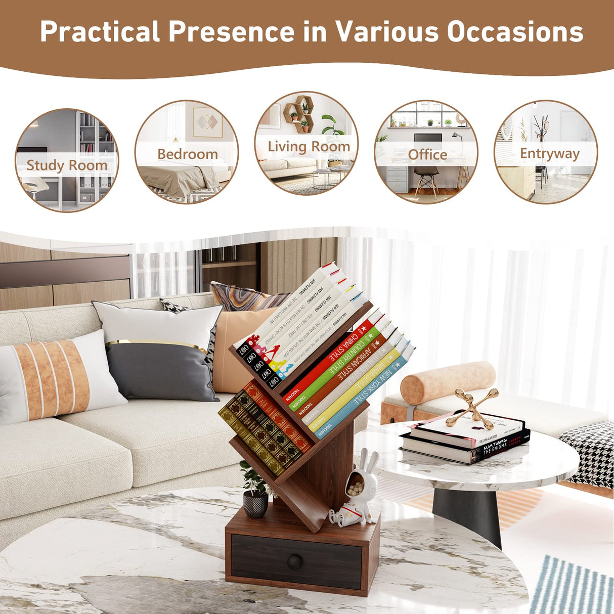 Giantex 5-Tier Tree Bookshelf with Drawer - Freestanding Retro Small Book Storage Rack for Small Place, Kids Room Wooden Decorative Bookcase with Storage for CDs, Magazines, Books, Brown Giantex