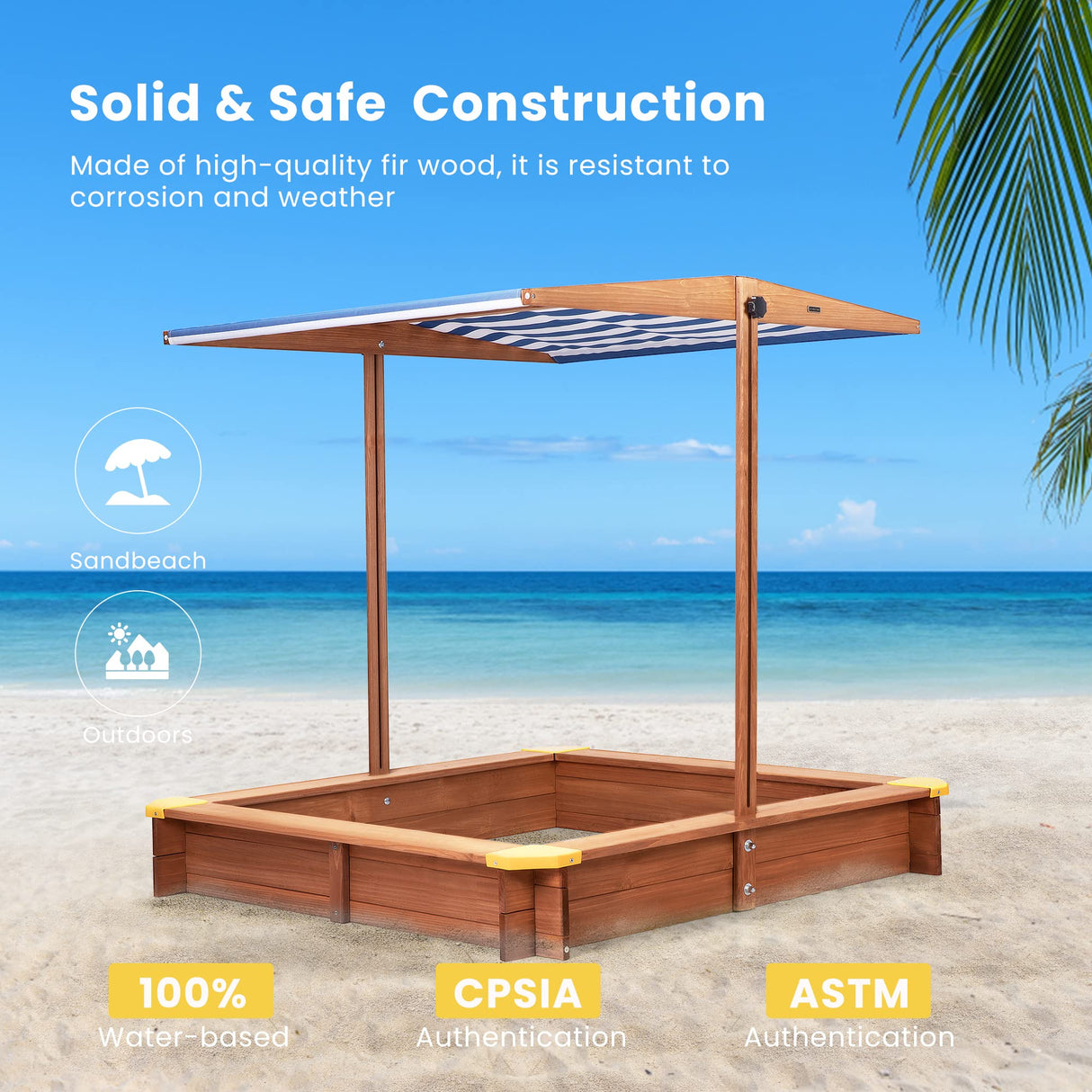VIVOHOME 46.5 Inch x 46.5 Inch Covered Wooden Sandbox Height Angle Adjustable with Rotatable UV-Resistant Canopy Sand Protection Bottom Liner for Home Backyard Beach Outdoor VIVOHOME