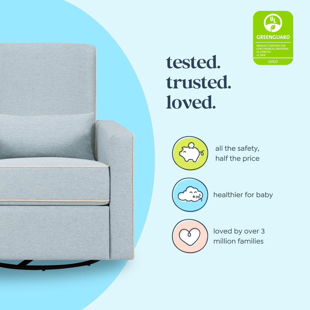 DaVinci Piper 360° Swivel Rocker Recliner Chair, Rocking Chair for Nursery & Living Room, GREENGUARD Gold, FSC & Certi-PUR US Certified, Comfy Nursery Glider Recliner - Heathered Blue w/Cream Piping DaVinci