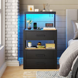Nightstand with Charging Station and LED Lights, LED Night Stand with 2 USB Ports and 2 AC Outlets, Modern End Table with 3 Drawers, Bedside Table with Open Storage for Bedroom, Black AOGLLATI