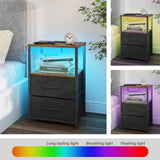 TUTOTAK LED End Table with Charging Station, Nightstand with Cloth Drawer, Side Table with 1 USB Port and 1 Type-C Port, Set of 2, Couch Table, Brown and Black TB01BB052KL TUTOTAK