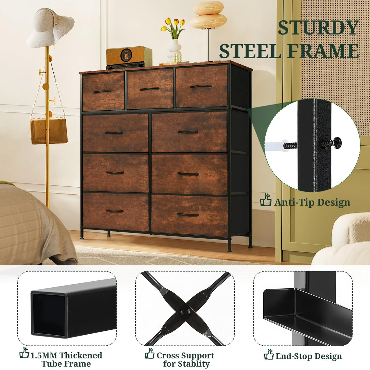 9-Drawer Dresser for Bedroom, Anti-Tip Tall Storage Organizer Chest of Drawers with Wooden Top and Metal Frame Fabric Bins for Closet, Living Room, Hallway, Entryway, Brown SageNest