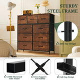 9-Drawer Dresser for Bedroom, Anti-Tip Tall Storage Organizer Chest of Drawers with Wooden Top and Metal Frame Fabric Bins for Closet, Living Room, Hallway, Entryway, Brown SageNest