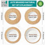 Eco Crave Jute Round Woven Placemats Set of 6, Natural 13 Inch Boho Farmhouse Rustic Hand Woven Place mat for Dining Table Decor, Wicker Chargers Heat Resistant Easy to Clean and Non-Slip Placemat Eco Crave