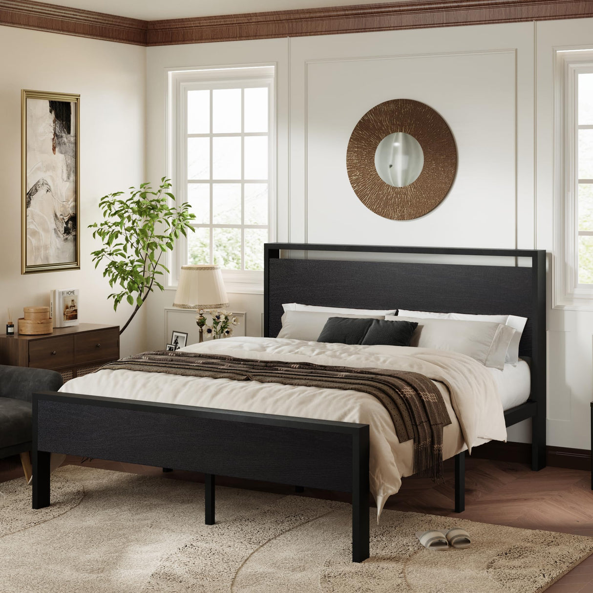 Allewie Queen Size Black Oak Platform Bed Frame with Wooden Headboard and Footboard Allewie