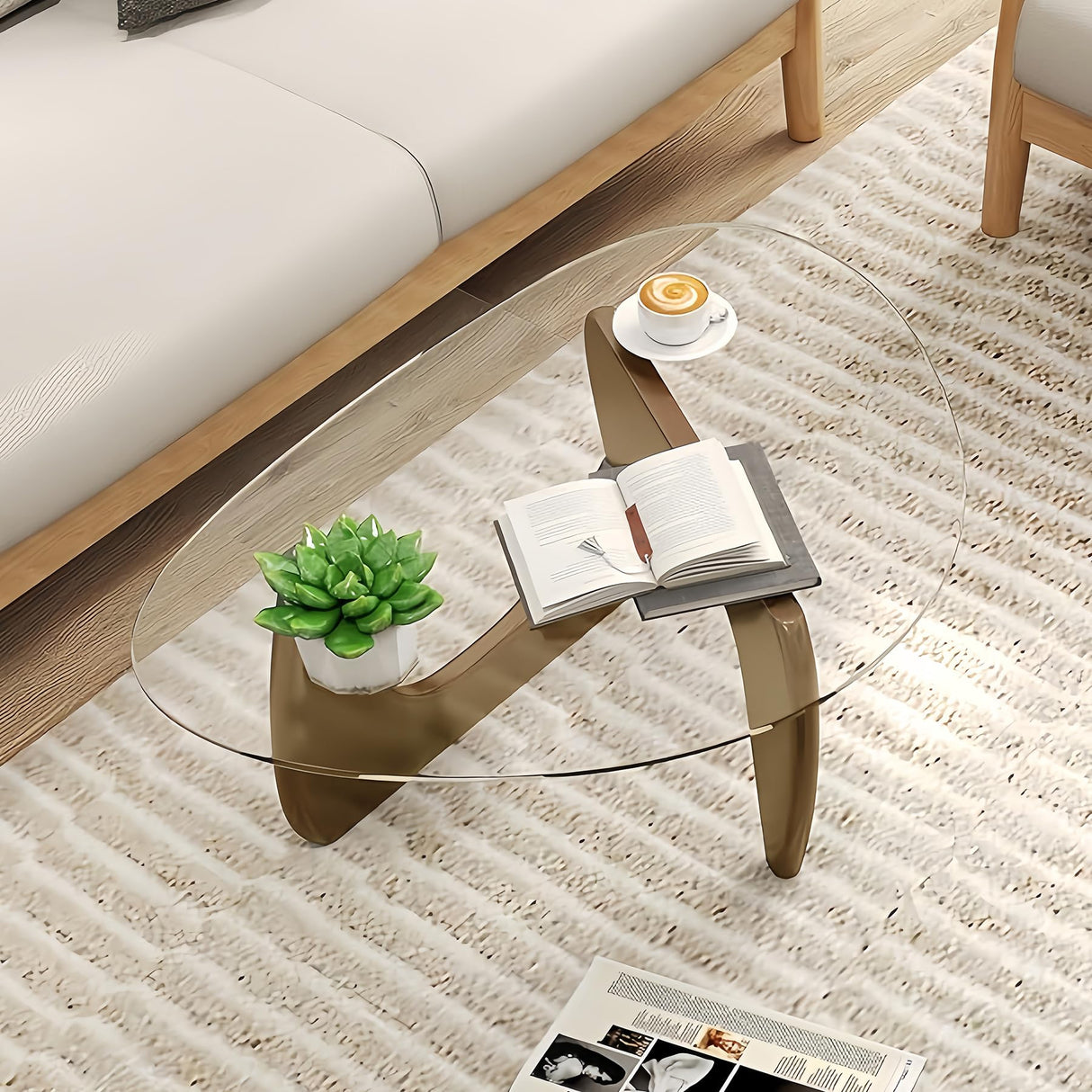 Modern Glass Coffee Table, 32.3″D×25.6″W×15.8″H-Abstract Unique Mid Century Triangle Center Table for Living Room, Minimalist Middle Tables for Home Office, Wooden Base DESYIFO