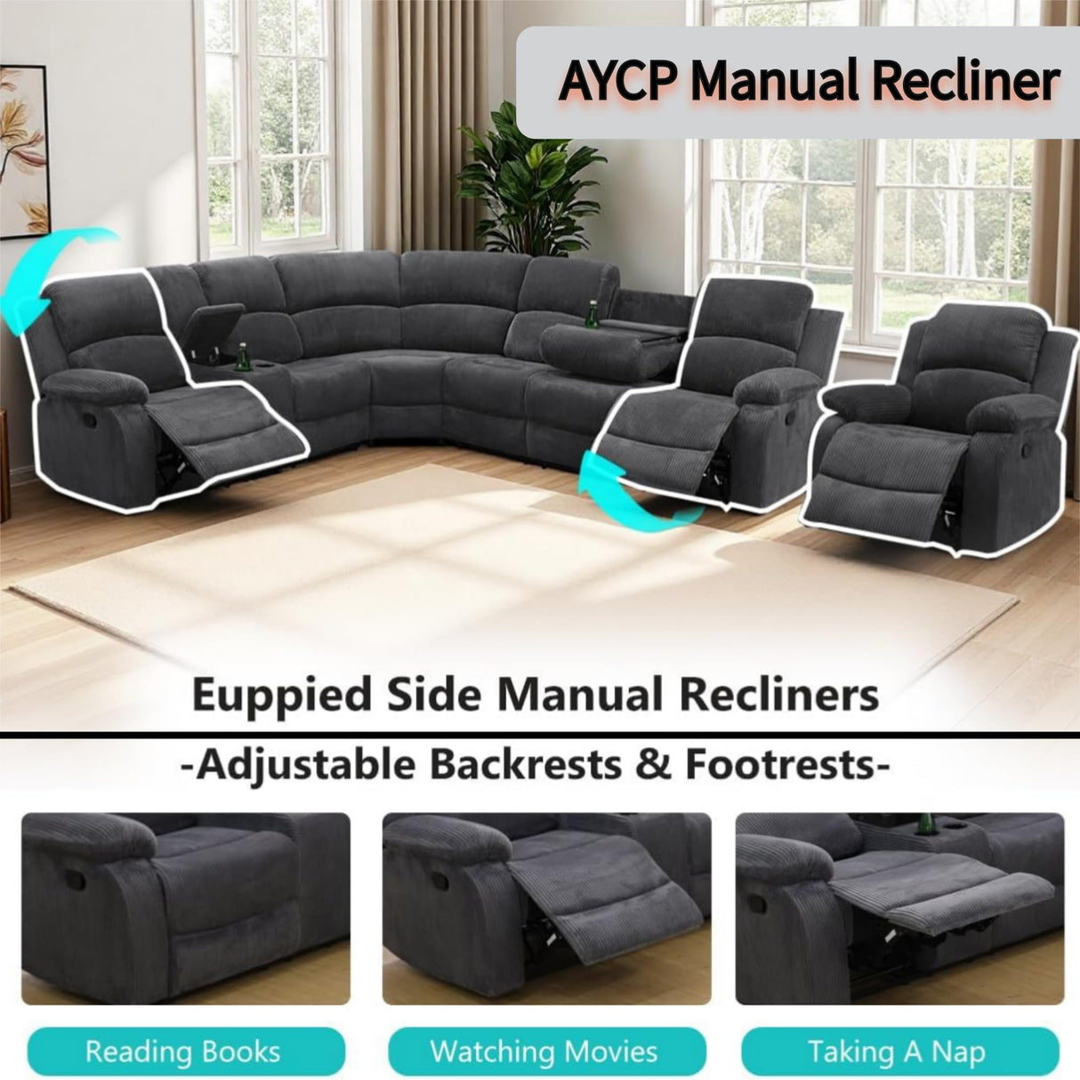 Manual Reclining Sofa Set with Drop-Down Table, Corduroy Sofa Sets, Living Room Furniture Sets, Modern Manual Recliner Sofa Sets with Storage Console for Living Room (Dark Grey, Sectional+Chair) AYCP Furniture