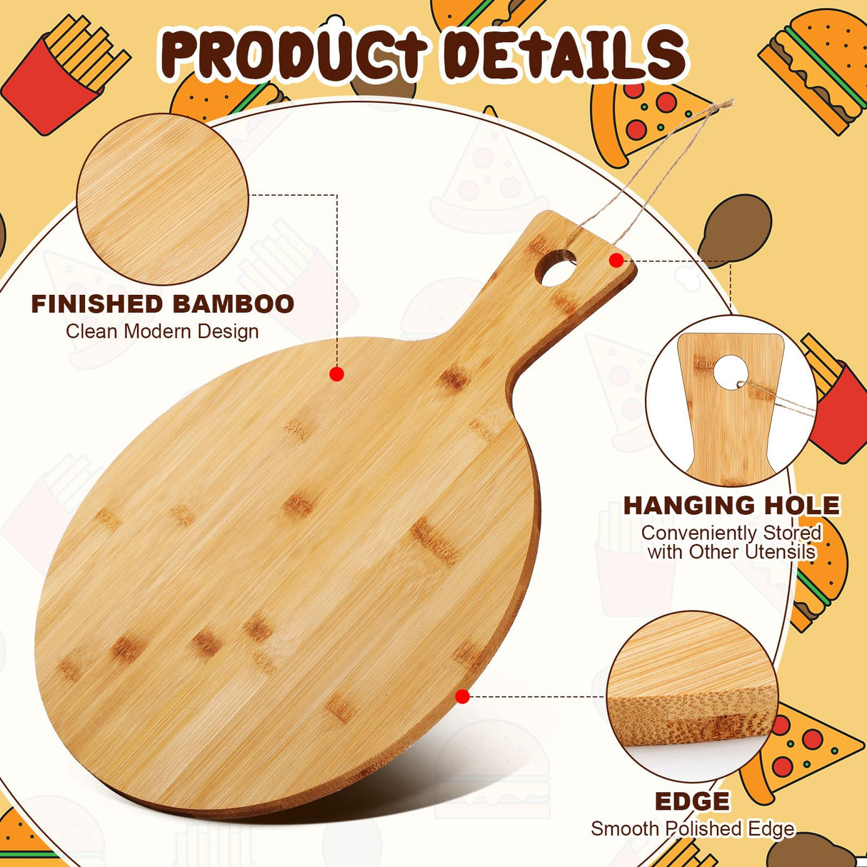 Kigley 10 Pcs Bamboo Cutting Board with Handle 12 Inch Bamboo Wooden Round Cutting Board Pizza Board Kitchen Chopping Boards for Home Baking Pizza Bread Cake Cheese Fruits Vegetables Charcuterie Kigley