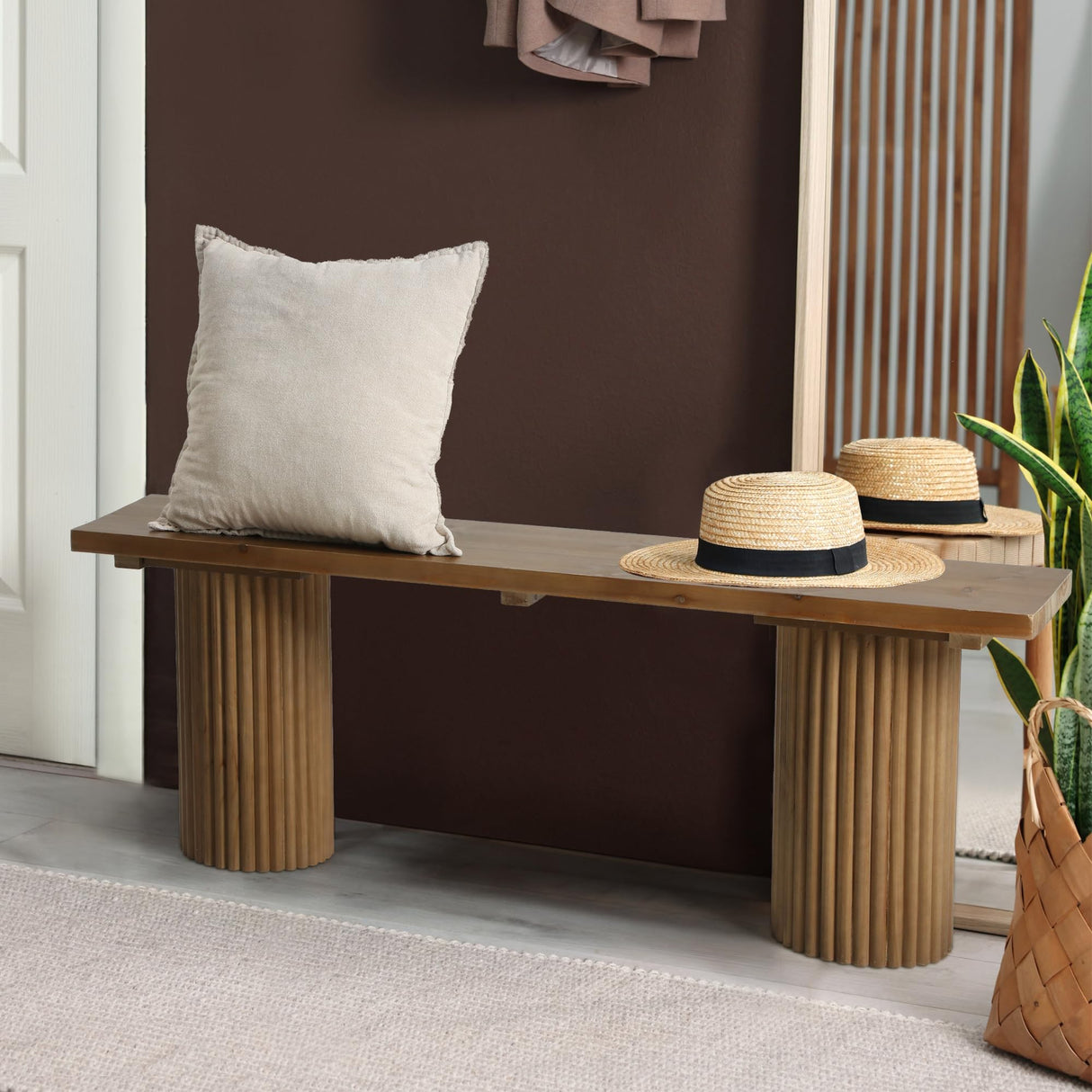 WINWY Fluted Wood Bench, 51" Farmhouse Solid Wood Bench Seat for Entryway, Dining Room, Indoors and Outdoors, Rounded Leg, Easy Assembly, Natural WINWY