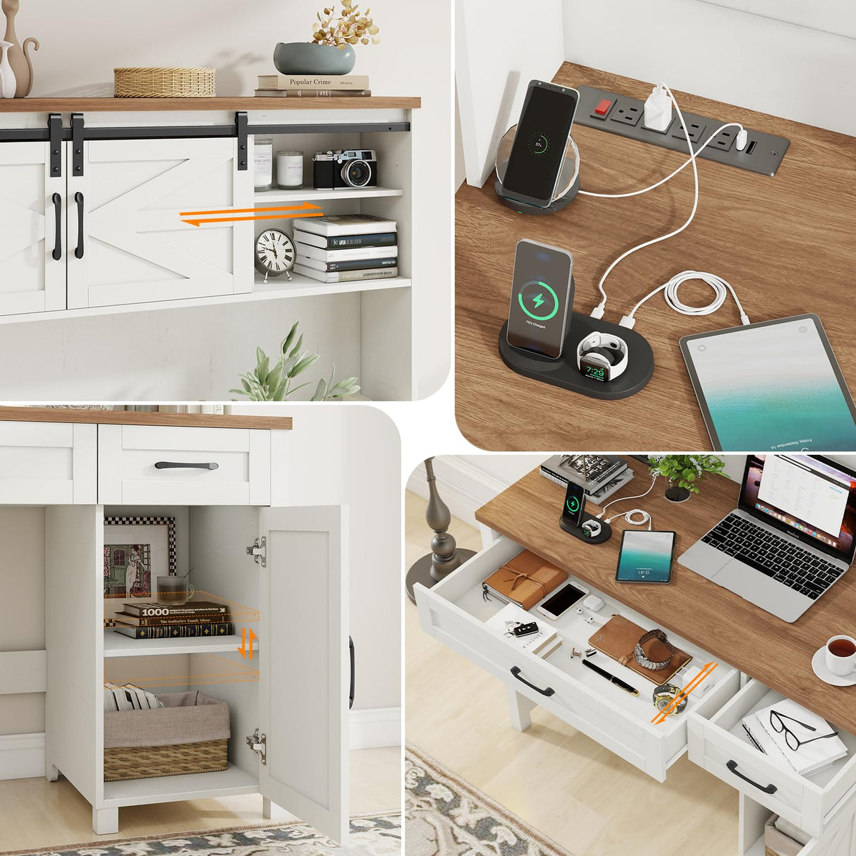 Farmhouse 47" Executive Desk, Computer Desk with 2 Drawers and Storage Cabinet, Home Office Desk with Hutch and Charging Station, Workspace for Work and Study.Brown Vabches